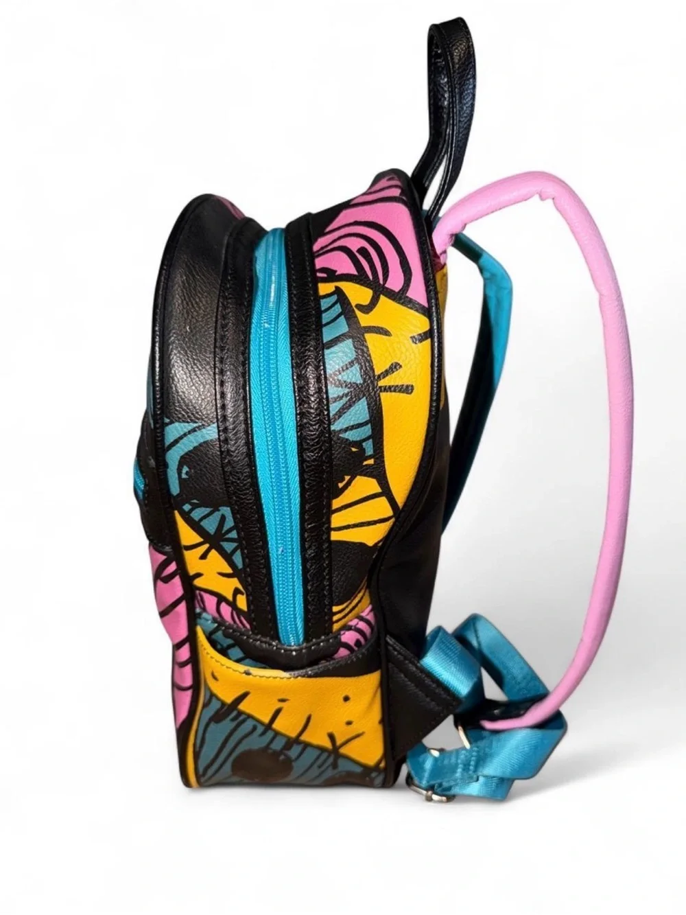 Disney Mini Backpack with Black, Pink, Yellow, Teal Patchwork Design